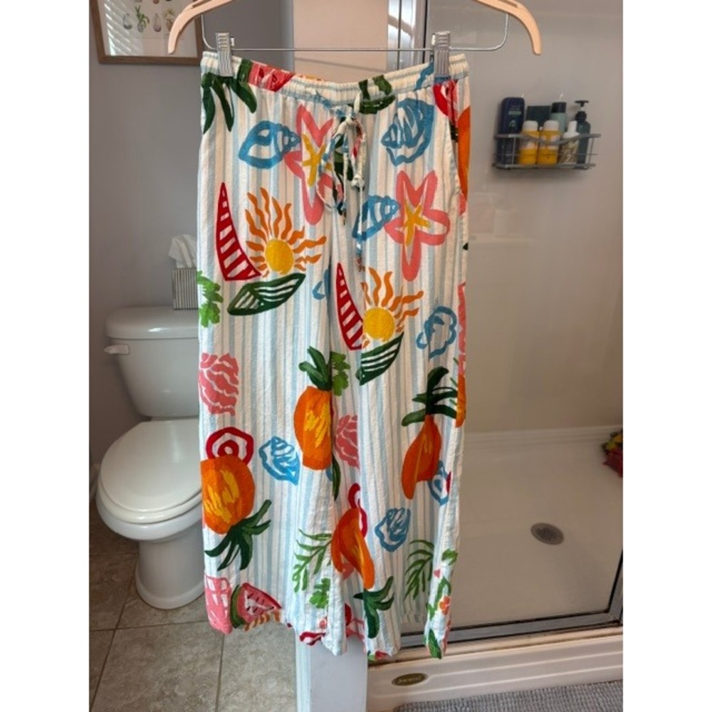 Calypsp St. Barth Linen Blend Tropical Print Wide‎ Leg Resort Pants Fruit Beach